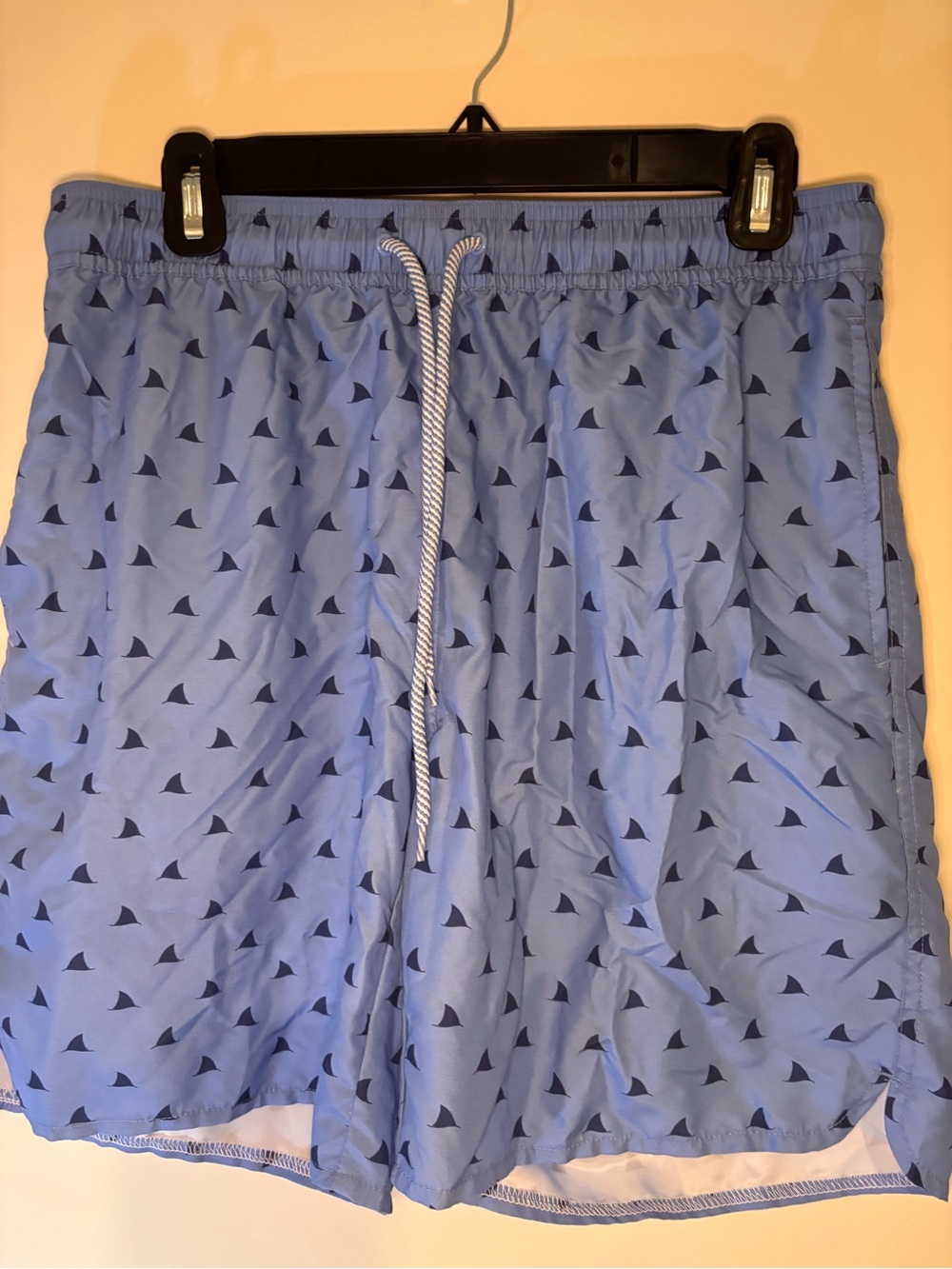 Tailorbyrd Light Blue Swim Trunks with Navy Shark Fin Print